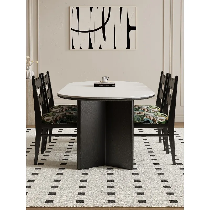 

White rock slab oval black full-care household, small apartment dining table