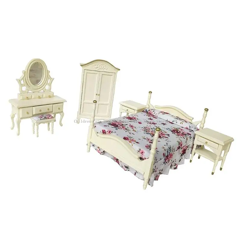Dollhouses مصغرة غرفة نوم تزود الأثاث واقعية الطاولة كرسي السرير نموذج مثالي لمشهد المنزل الدعائم