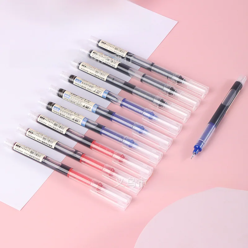 Quick-drying straight-liquid ballpoint pen 0.5 full needle tube black red blue three-color carbon water pen student office gel p