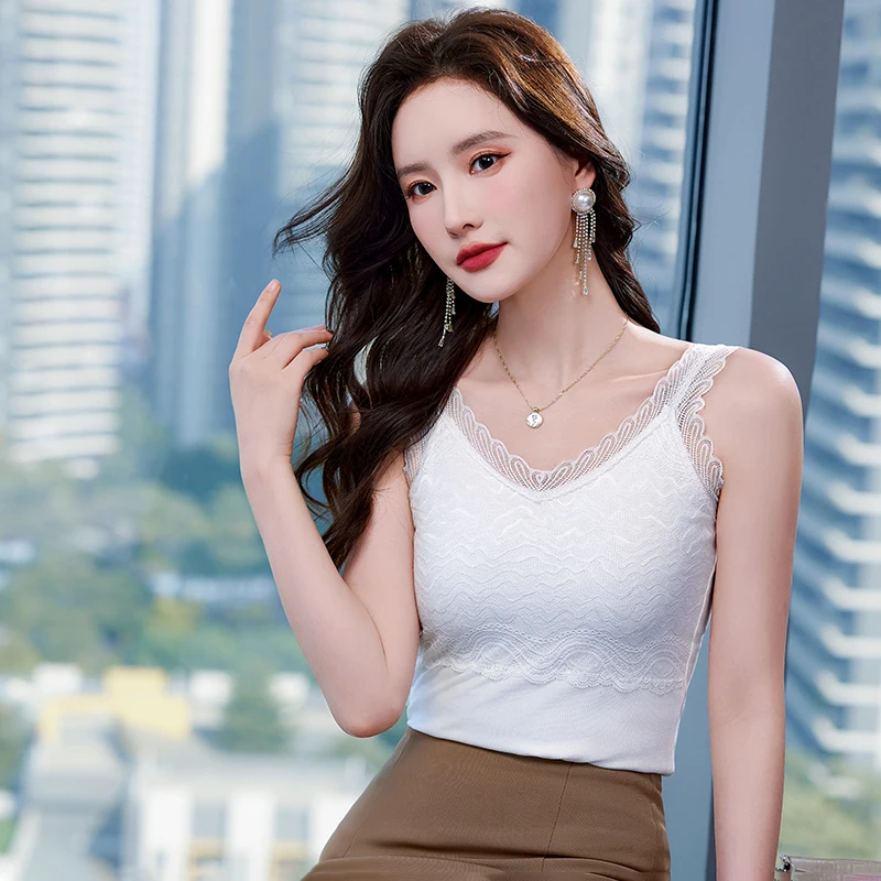 Sexy fil tricoté dentelle Camisole gilet col en v professionnel bas débardeurs été décontracté femmes Camis hauts