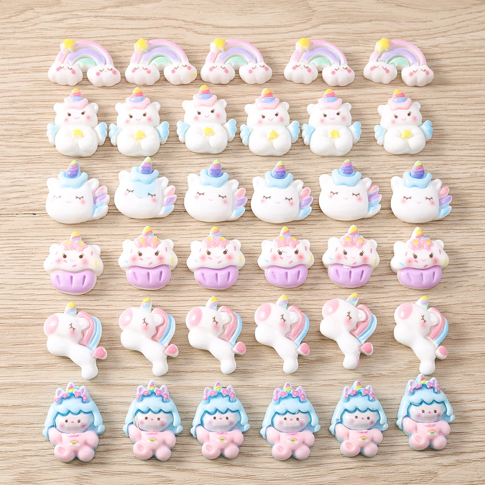 Tusember 15 Stück gemischte süße Regenbogen-Einhorn-Charms aus Kunstharz mit flacher Rückseite für DIY-Telefonhülle, Zubehör, Damen, Mädchen, Kinder, Spielzeug – Detail 6