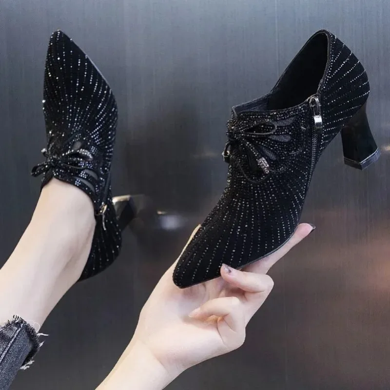 2024Pointed Toe Heels Women\'s Colored Diamond Bow Knot Shallow Mouth Side Zipper Thick Heel Commuting New Fashion Spring Autumn