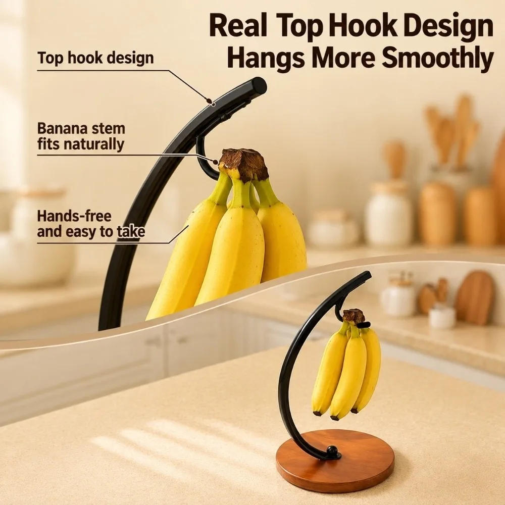 Iron Banana Holder Stand Rust Resistant Keeps Bananas Fresh Banana Hanger Sturdy Wooden Base Banana Hook Rack