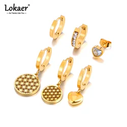 Lokaer Gold Plated Stainless Steel Geometric Heart Hoop Earrings Jewelry 3Pair/Set CZ Crystal Party Earrings For Women E24091