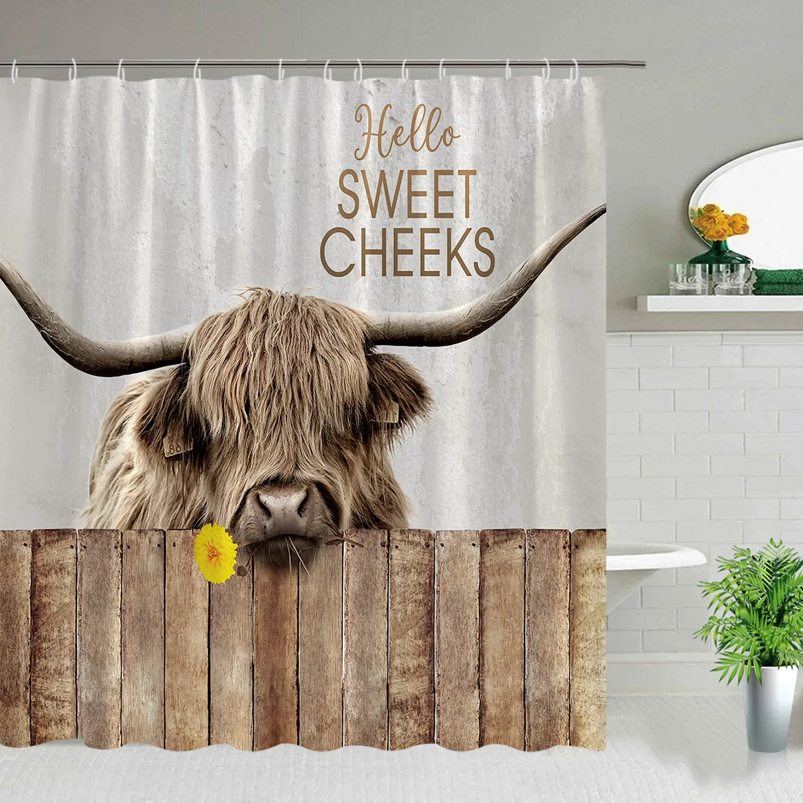 Farm Cow Shower Curtain Set Highland Cattle Windmill Sunflower Thatch Print Fabric Farmhouse Bath Decor Bathroom Accessories Set