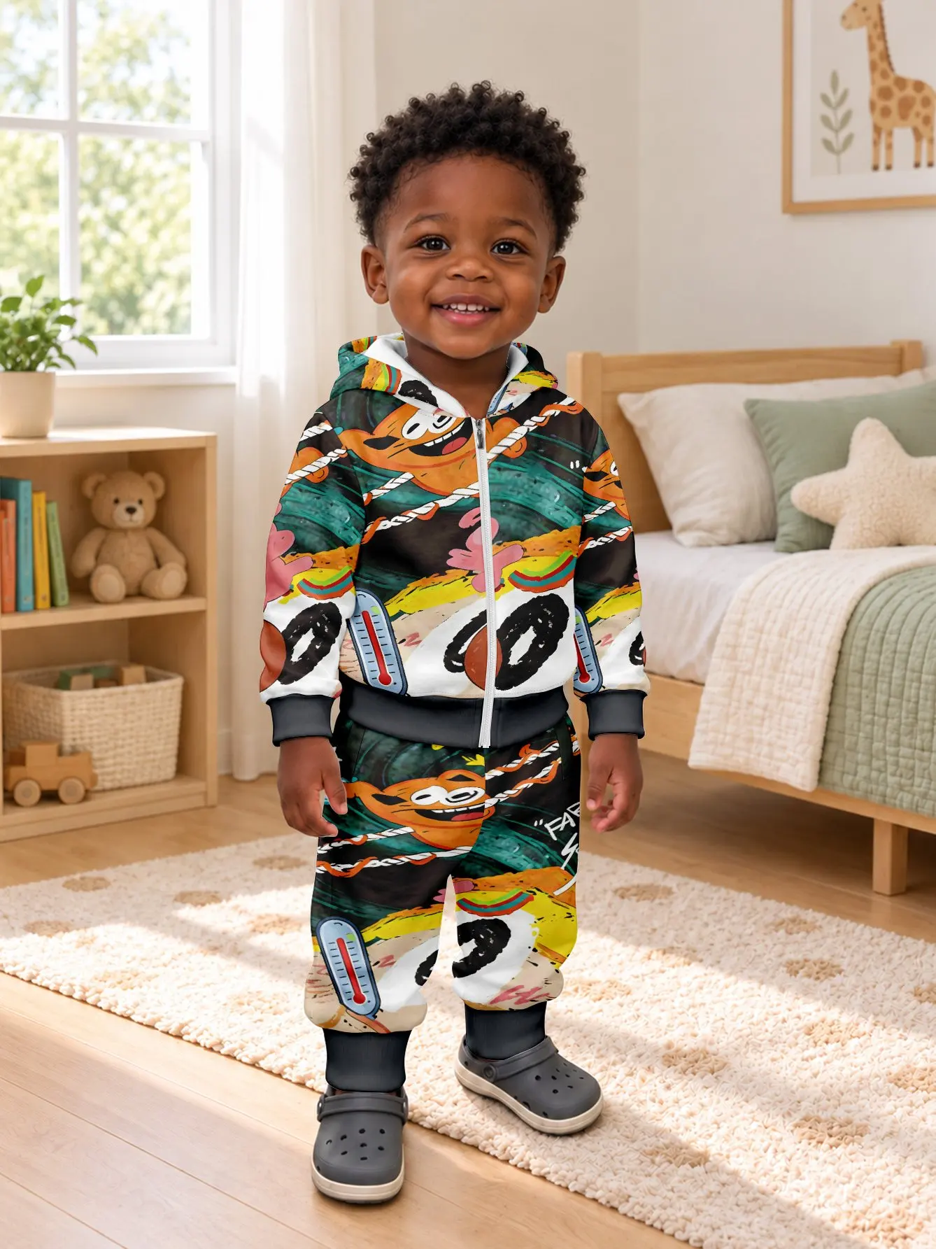 Toddler Purple Yellow Green Full-Zip Hooded Sweatshirt and Pants 2-Piece Set Regular Fit Pants with Pockets Street Style