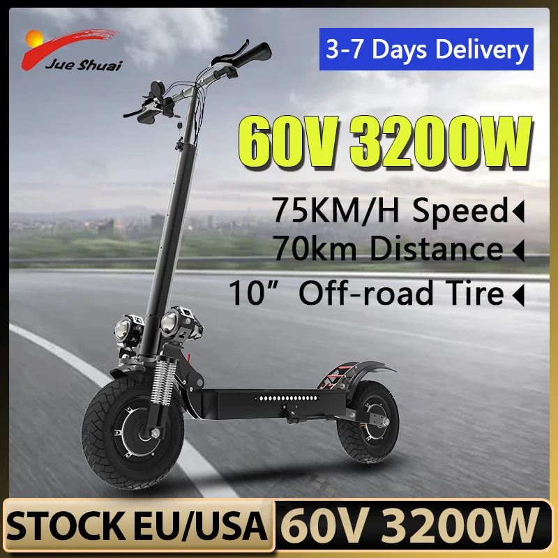 3200w Dual Motors Electric Scooter for Adults 75km/h Speed 70km Long Range 10 inch Tires E Scooter Patinete Electrico Skateboard