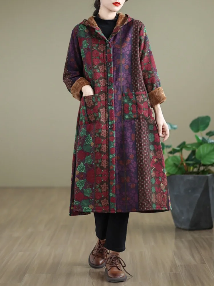 

Утепленное женское зимнее пальто в этническом стиле с ретро-принтом, длинное, с капюшоном, из хлопка, свободного кроя, комфортное, больших размеров