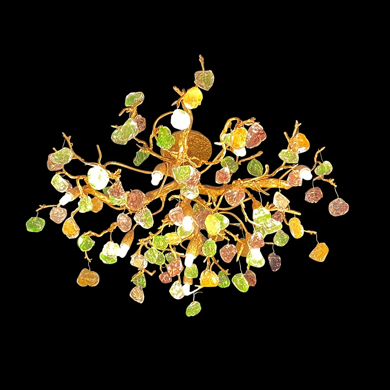 Colorful glass all copper ceiling lamp American living room branch lamp bedroom dining room light luxury creative villa Designer