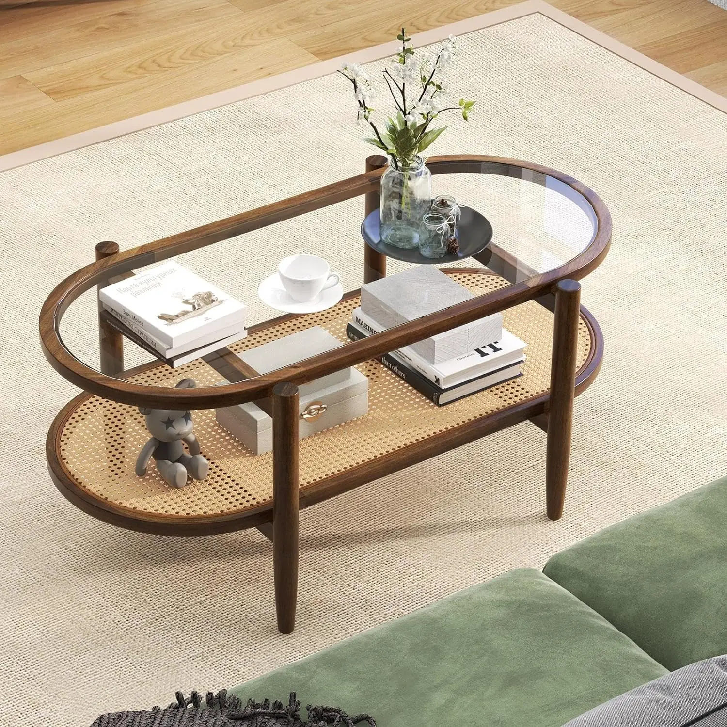 

Rattan Coffee Table, 2 Tier Boho Oval Living Room Table W/Glass Tabletop Wood Frame & Storage Shelf, 40’’L Mid Century Modern Te