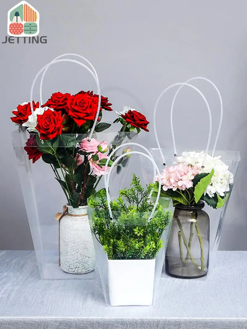 Clear PVC Gift Bag Plastic Tote Bag With Handles Transparent Gift Wrap Bag for Wedding Flowers Birthday Valentines Day Party Bag