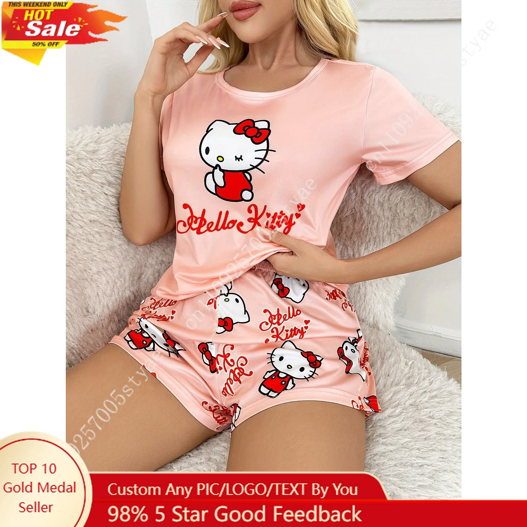 

New Hello Kitty Sleepwear Collection for Women An Adorable Cartoon-Themed Short Sleeve and Shorts Outfit Perfect