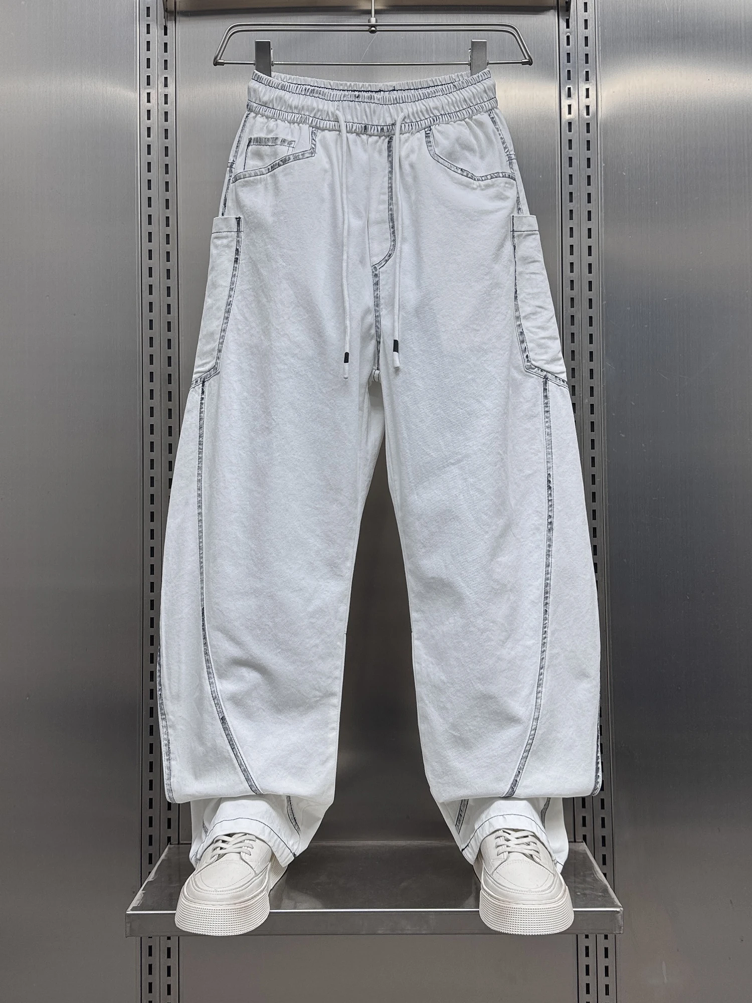 

Spring Summer New Men's Casual Pants Trendy Splicing Loose Workwear Knife Pants Cool Wide Leg Long Trousers Straight Leg Jeans