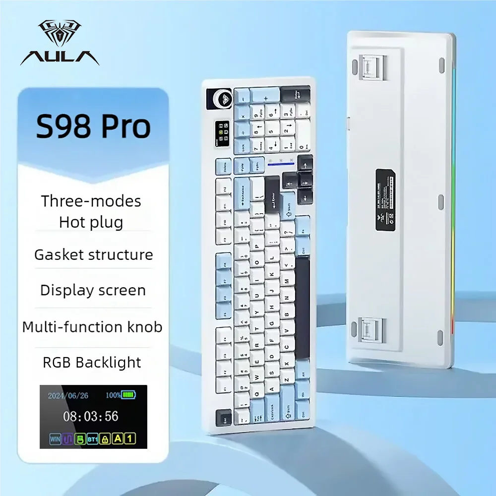 Беспроводная механическая клавиатура AULA S98 Pro с ручкой экрана BT5.0/USB-C/2,4 ГГц, линейный переключатель, игровая клавиатура с RGB-подсветкой