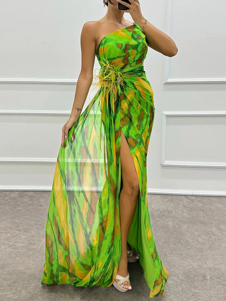 Printed Skew Collar Simple Party Dress, Women Summer Patchwork Sleeveless Elegant Maxi Dress, 2024 Backless Fashion Ladies Dress