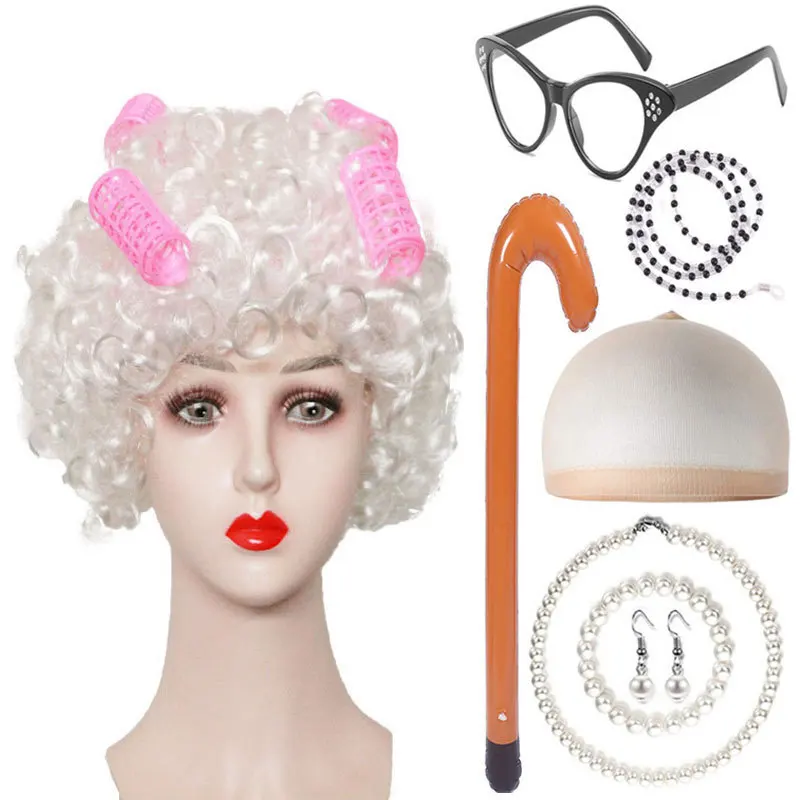 

Granny Wig Gray White Grandpa Old Lady Curly Hair Charter Woman Curling Iron Granny Curling Iron Props