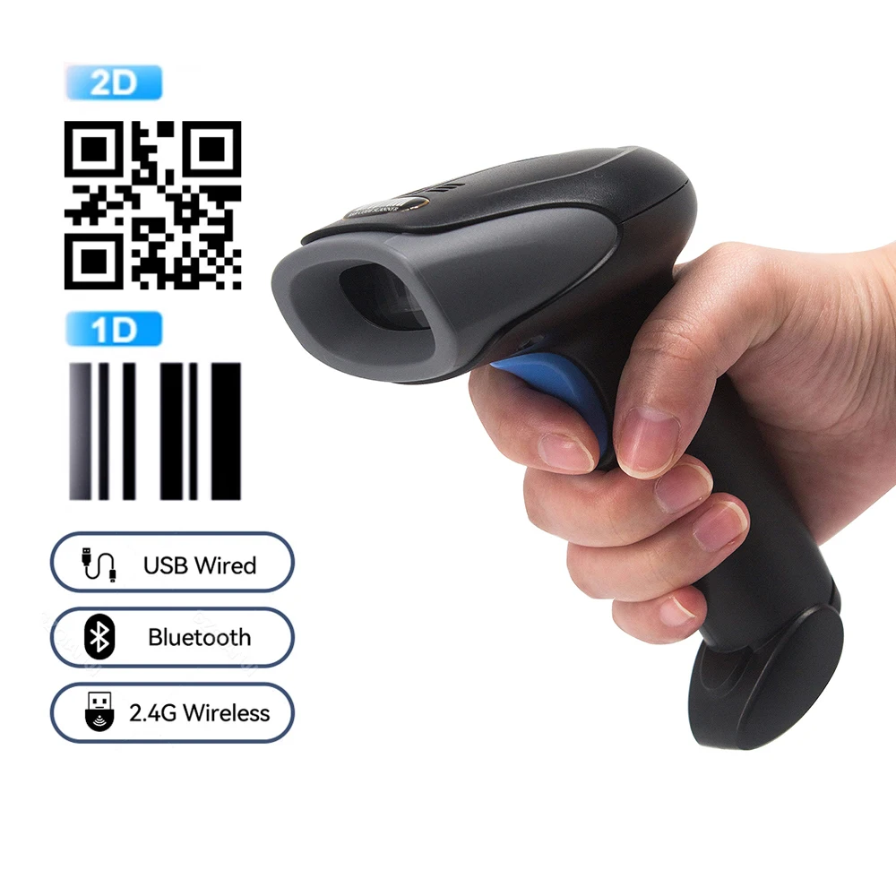1D/2D Barcode Reader USB Wired/Wireless 2.4G/ Bluetooth Handheld Bar Code QR Code Scanner CMOS Image Decoding for Pos Scanning