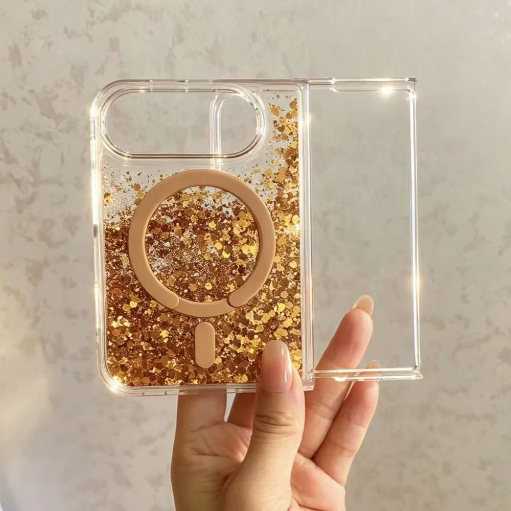 Funda de arena movediza líquida para iPhone Duo, con diseño magnético, plegable, de TPU, resistente a los golpes, con purpurina y brillo, y compatible con carga inalámbrica.