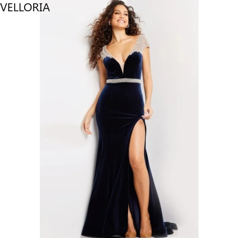 فستان سهرة نسائي مخملي باللون الأزرق الداكن مثير بفتحة رقبة على شكل حرف V مناسبة رسمية فستان فاخر من حجر الراين الكريستالي للحفلات حسب الطلب #3