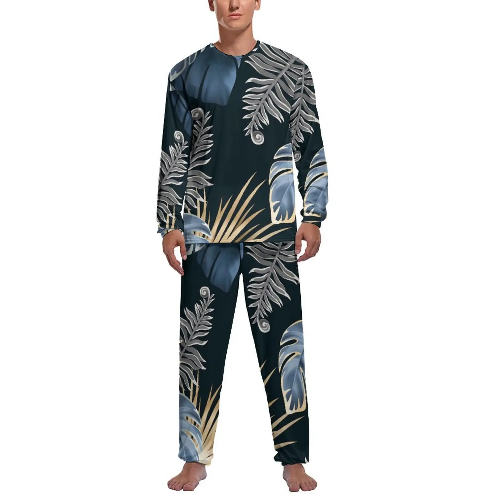 

Tropic Plant Pajamas Dark Leaves Male Long Sleeve Romantic Pajama Sets Two Piece Night Spring Design Home Suit Gift Idea