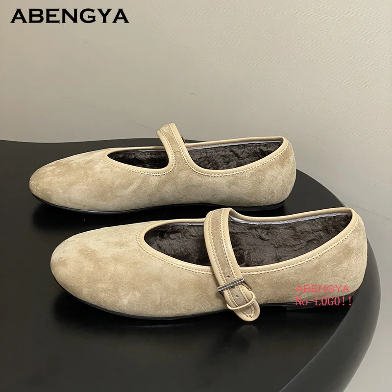 

Дизайнерские новые замшевые туфли цвета хаки на плоской подошве, женские туфли с круглым носком, шерстяные туфли с пряжкой и ремешком, зимние повседневные женские прогулочные туфли для вечеринок и отдыха