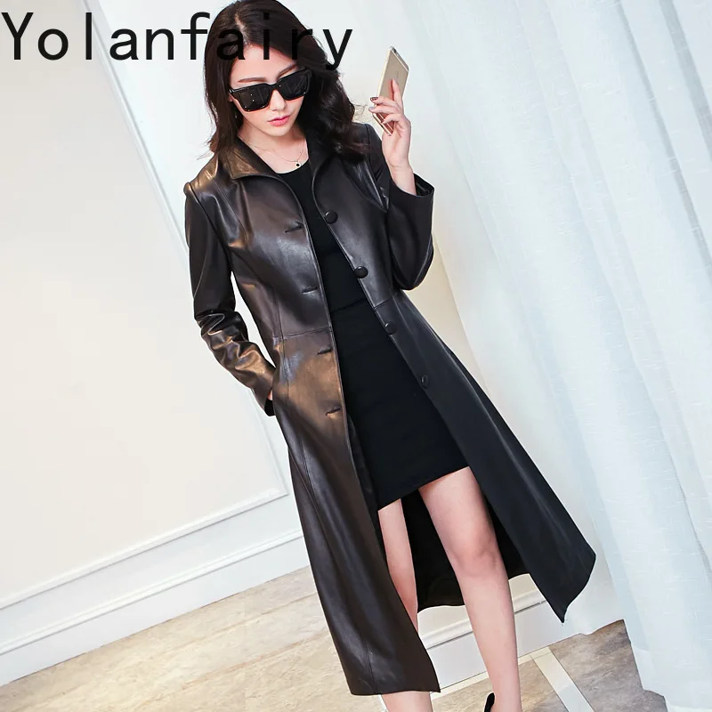 YOLANFAIRY High Quiality 100% Genuine Leather Jacket Women Elegant Mid-length Real Sheepskin Coat Slim-fit Leather Trench Coats