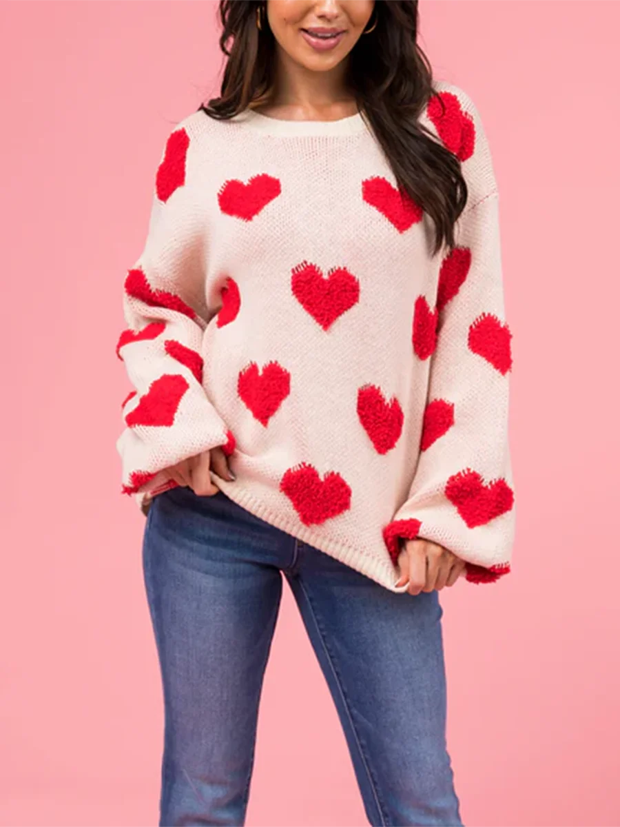 Women Heart Sweater Loose Crew Neck Drop Shoulder Long Sleeve Knit Tops Casual Streetwear