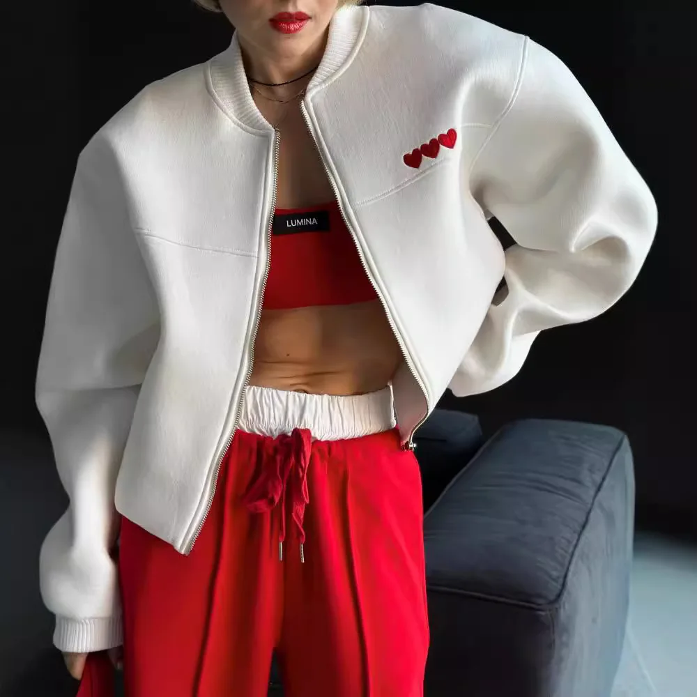 

Women's Jacket Embroidered Heart Short Jacket Coat Autumn Winter Silhouette Jacket Street Jacket