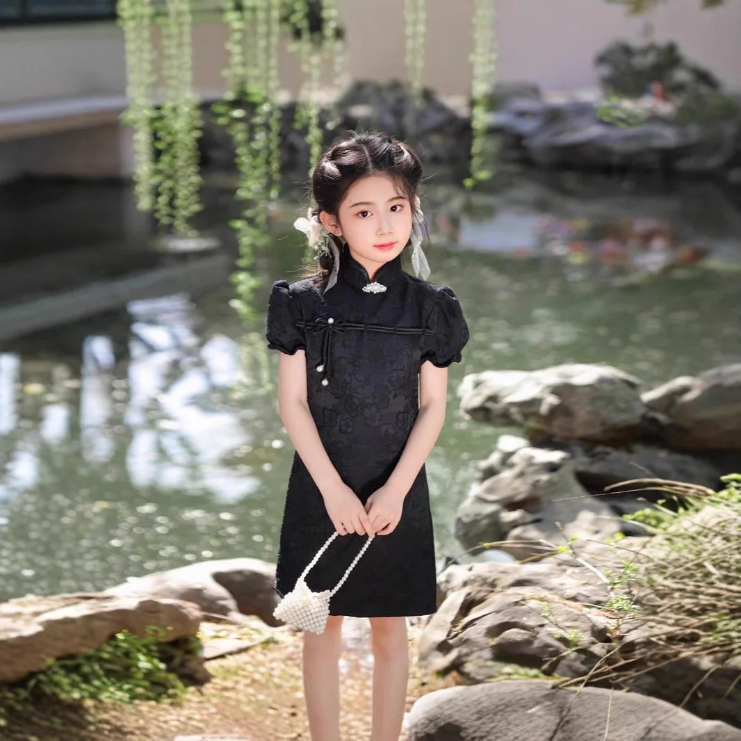 

Летнее платье для девочек 2026 года: китайское черное ципао с жемчугом, пышными рукавами, для принцесс, на Новый год, для подростков 4, 7, 8, 9, 10, 12, 14 лет