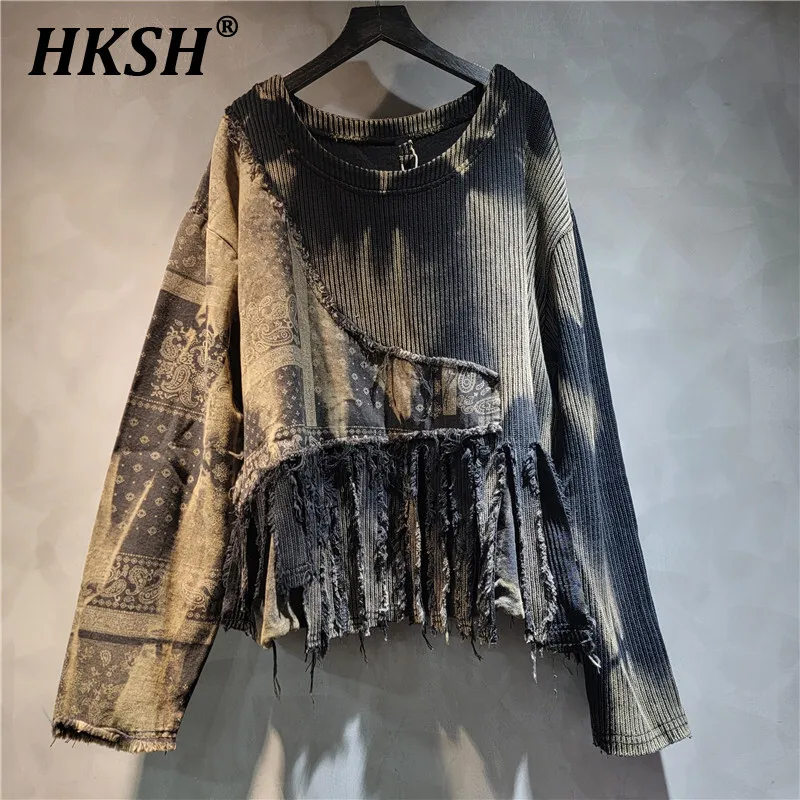 HKSH Trendy Vintage Tie Dyed Patchwork Denim Spliced Tassel O-neck Knitted Sweater Women Tide Punk 2024 Autumn Winter New HK3214