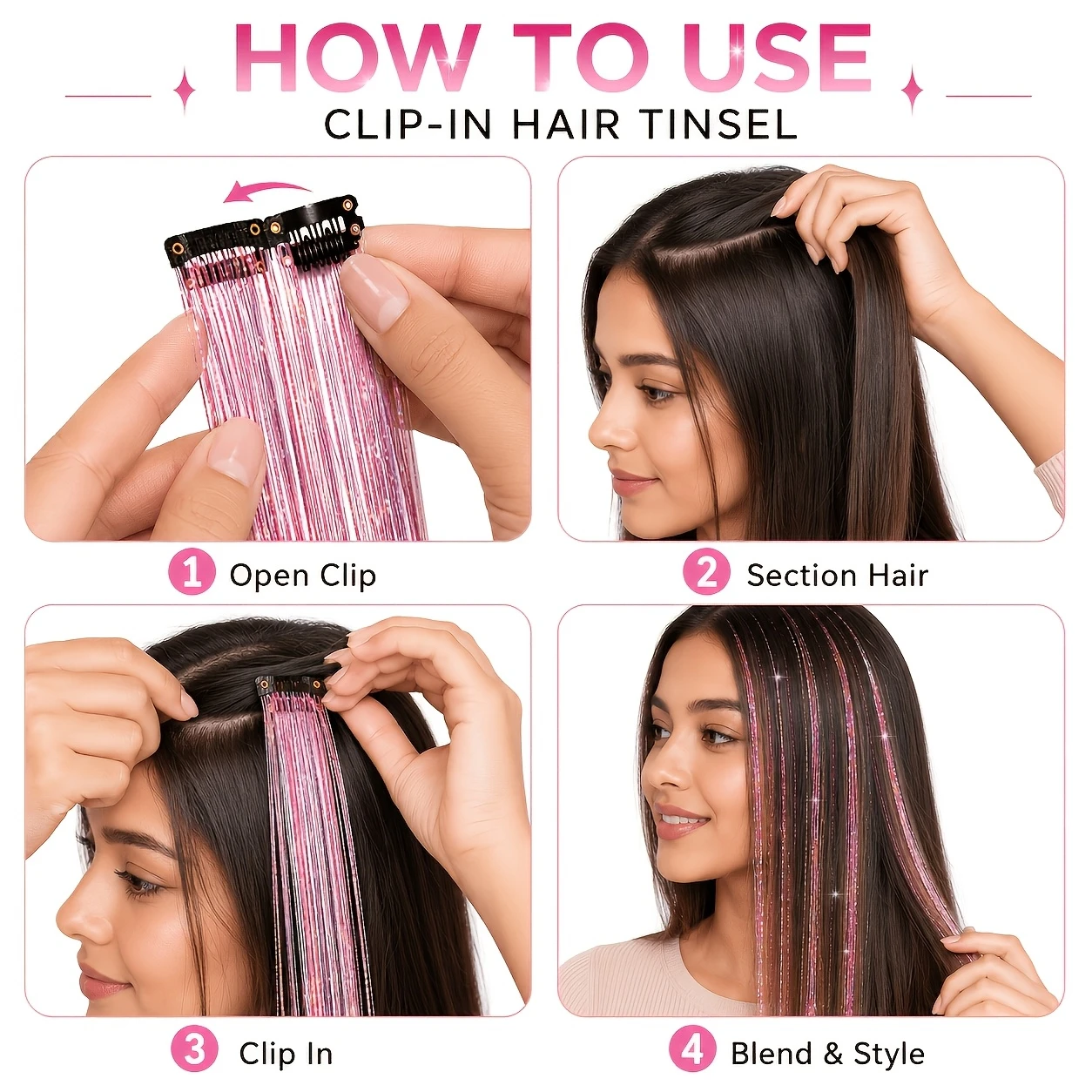 4pcs Clip-In Hair Tinsel Extensions, Sparkly Holographic Glitter Hair Strands with Snap Clips, Reusable Easy-To-Wear Hair