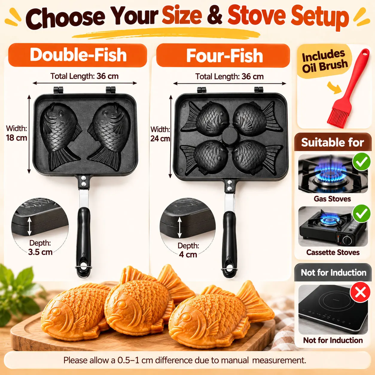 Sartén para Taiyaki con 2/4 orificios, máquina para hacer gofres con forma de pez japonés, molde para pasteles de doble cara, sartén para hornear, apta para cocinas de gas.