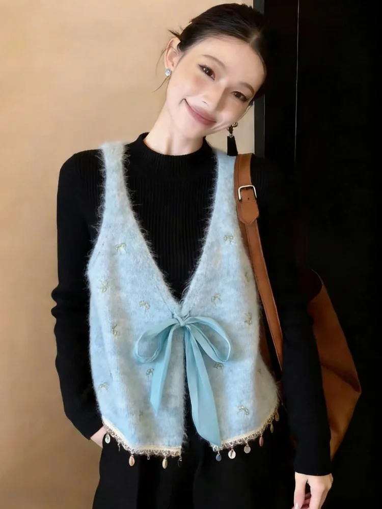 Sweet Sle Knitted Embroidered Vest Women's Faion  Knot Patchwork Self-Kept Autumn Winter New Arrival Beautiful Top