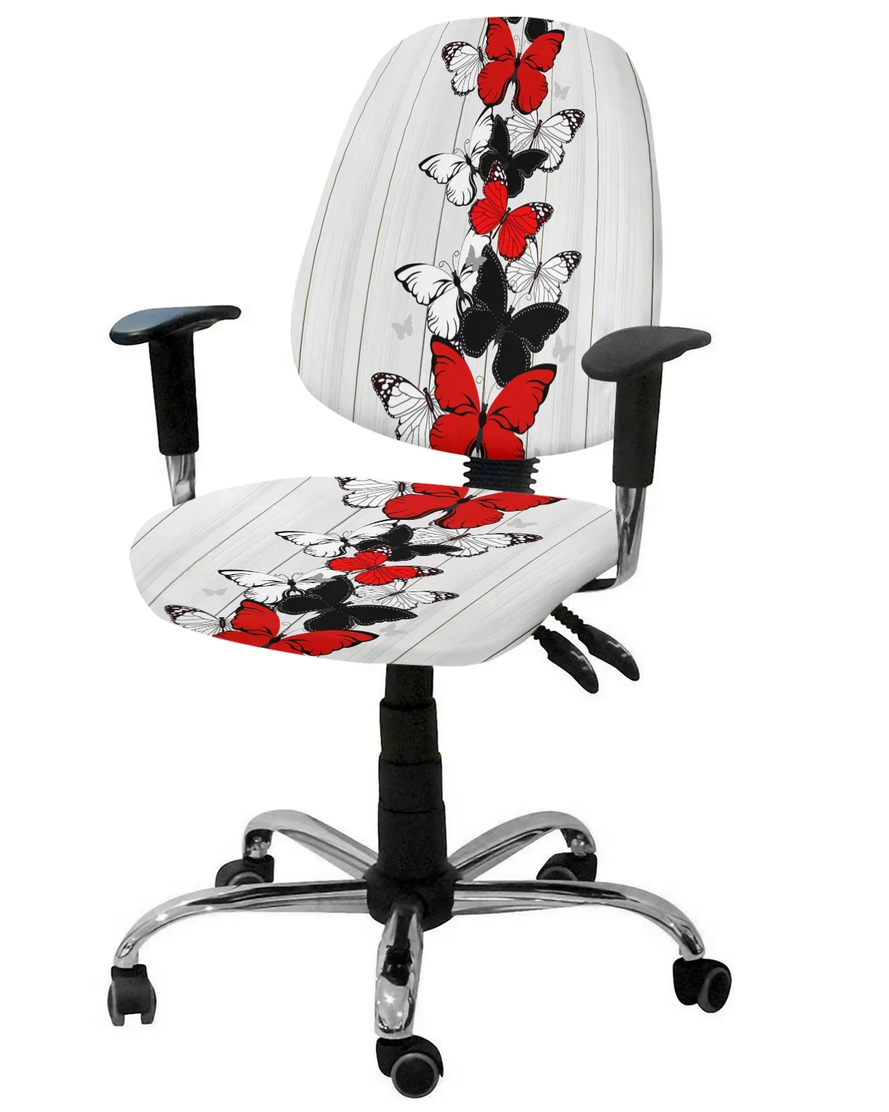 Black Red Butterfly Wood Grain Elastic Armchair Computer Chair Cover Stretch Removable Office Chair Slipcover Split Seat Covers