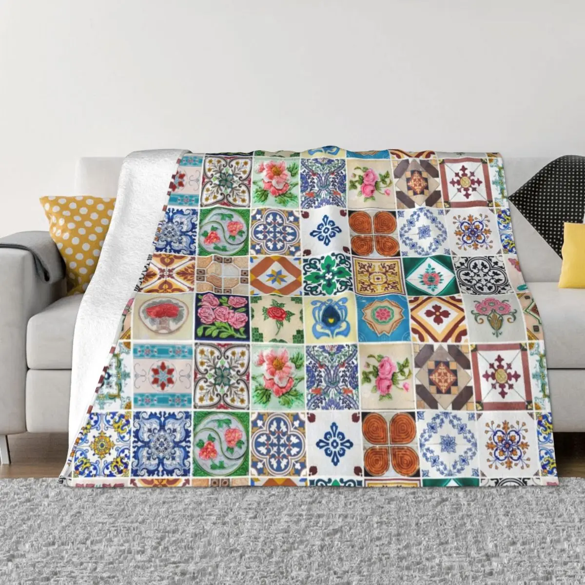 Colorful Azulejo Decorative Lisbon Tile Mural Pattern Throw Blanket Plush Hairy Blankets