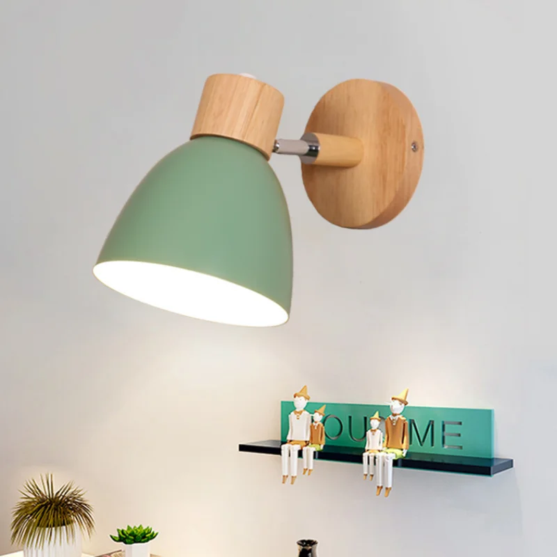 Nordic Wall Lamp Bedroom Bedside Hallway Kids Room Modern Decor Wall Sconce Adjustable Colorful Macaron Metal Shade Wood Base