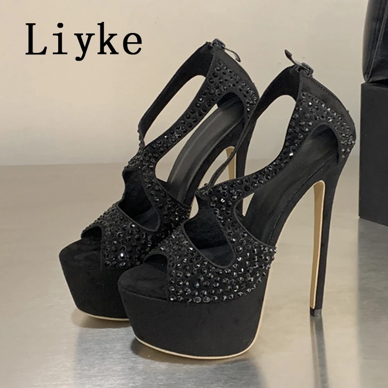 

Модные черные туфли-лодочки Liyke на платформе со стразами, сексуальные туфли с открытым носком, на тонком высоком каблуке 16 см, для вечеринок, женские босоножки-стилеты