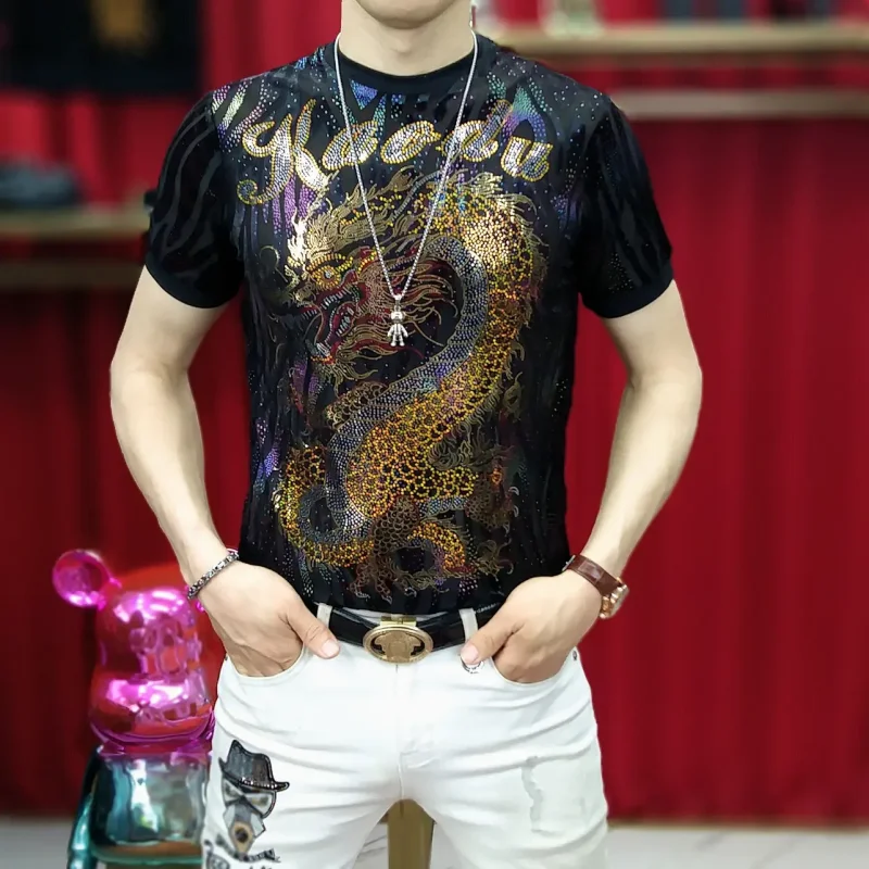 

Luxury 3D Rhinestone T-shirt for Men Chinese Style Short Sleeved Casual T-shirt Men Clothing Round Neck Social Street Wear Tee