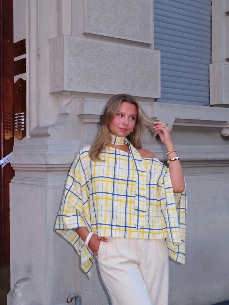 HH Women Vintage Plaid Scarf Collar Shirt Fashion Loose Translucent Thin Bat Sleeve Off Shoulder Top 2026 Summer Chic Street Top