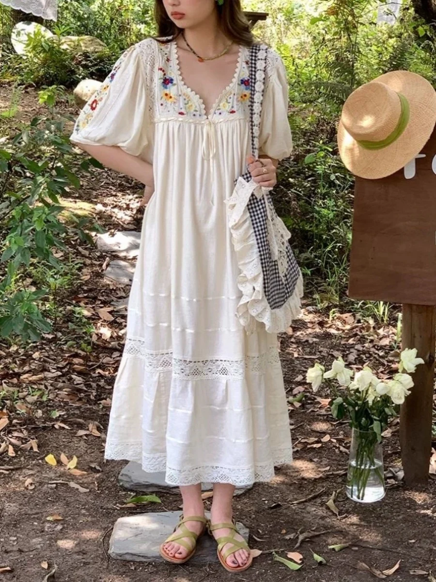 Grande taille Vintage brodé Floral été Dr femmes ample minceur v-ne genou longueur a-ligne Dr coréen Sle