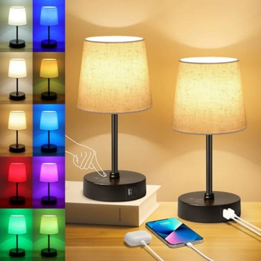 

Small Bedside Table lamp Set of 2, RGB Color Changing Lamps, 3 Color Temperatures, Dimmable Nightstand Lamp with USB C+A Ports,