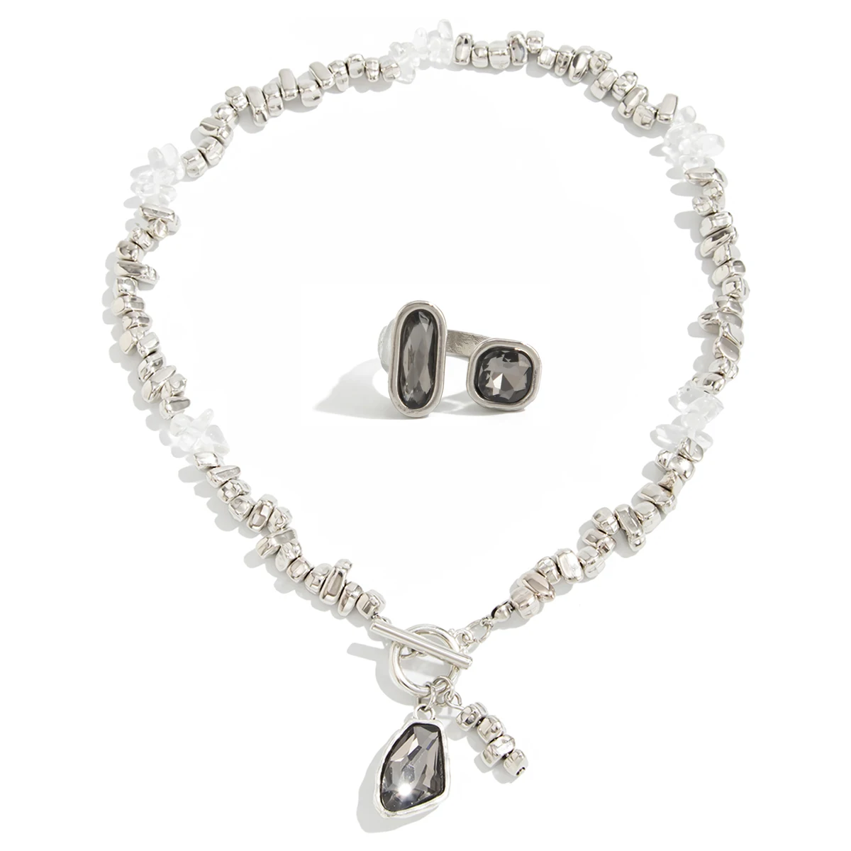 Elegant Irregular Black Acrylic Rhinestone Pendant Necklace Ring Set