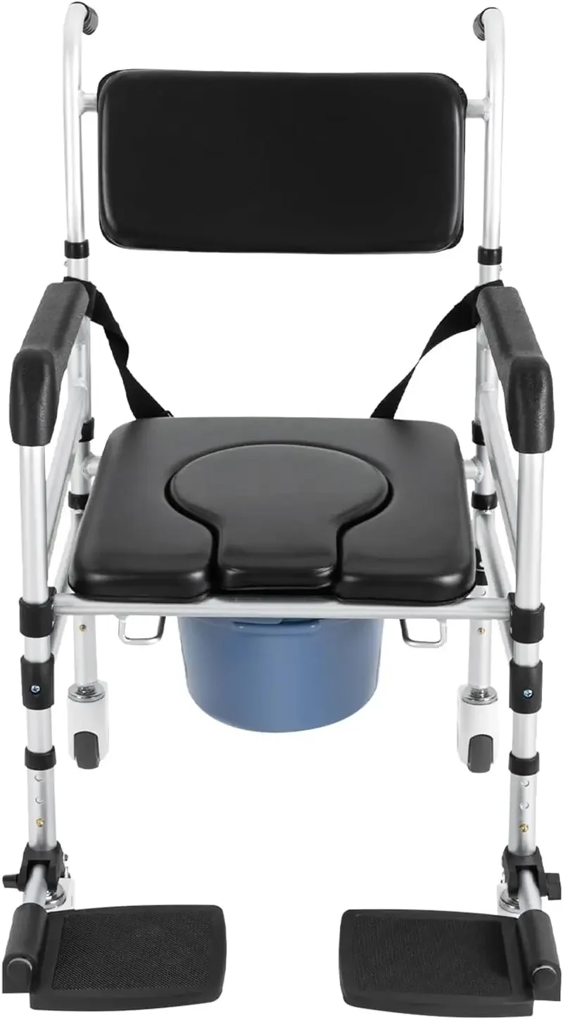 Rolling Bedside Commode Chair with Arms for Seniors, Height Adjustable Foldable Shower Commode Toilet Wheelchair
