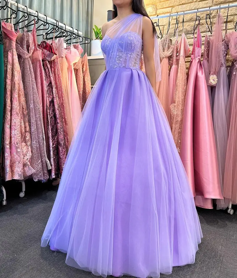 Sapmae One-shoulder Tulle Embroidery Flower A-line Floor-length Zipper Up Elegant Prom Formal Evenning Party Dress For Women