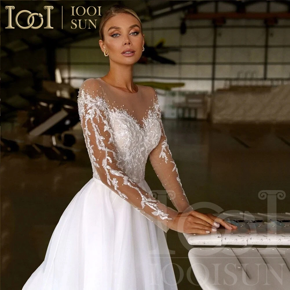 Iooisun vestidos de casamento de manga longa com frisado boho vestido de noiva brilhante linha a vestido de festa vestidos de novia personalizado