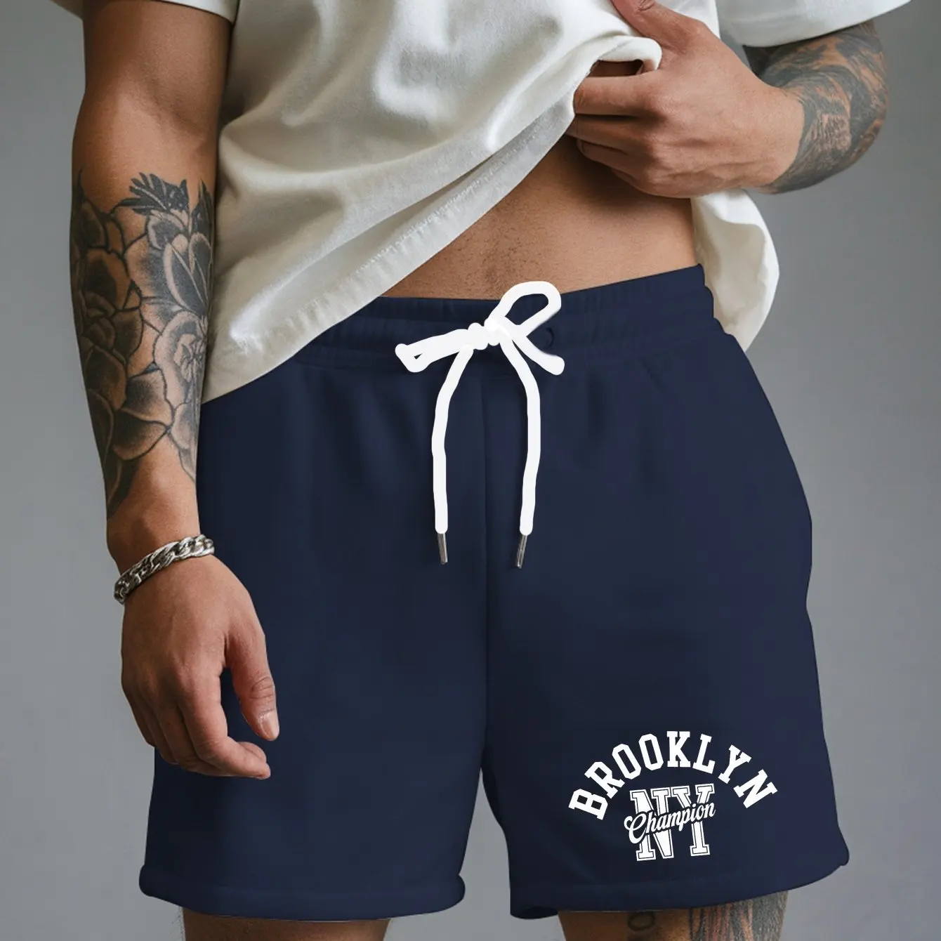 

Men's Summer Brooklyn New York Letter Print Casual Shorts Loose Fit Elastic Waistband with Drawstring Suitable for Everyday Wear