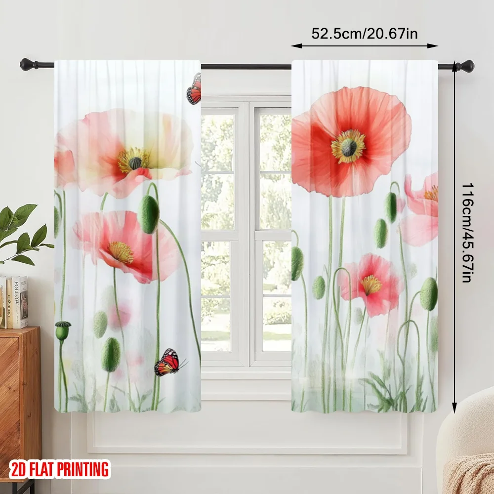 2pcs,2D plane printing Print Curtains Poppy Dance Versatile Polyester Fabric (without rod) Decorations Outdoor for Bedroom,