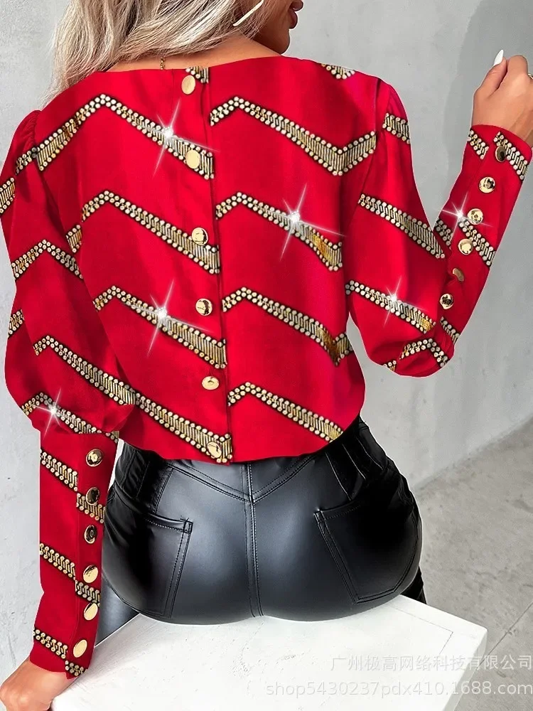 ผู้หญิงเสื้อแฟชั่นพิมพ์ลายแขนยาว O คอสุภาพสตรีเสื้อปุ่มเสื้อหลวมฤดูใบไม้ผลิฤดูใบไม้ร่วงสีแดงเสื้อลําลอง