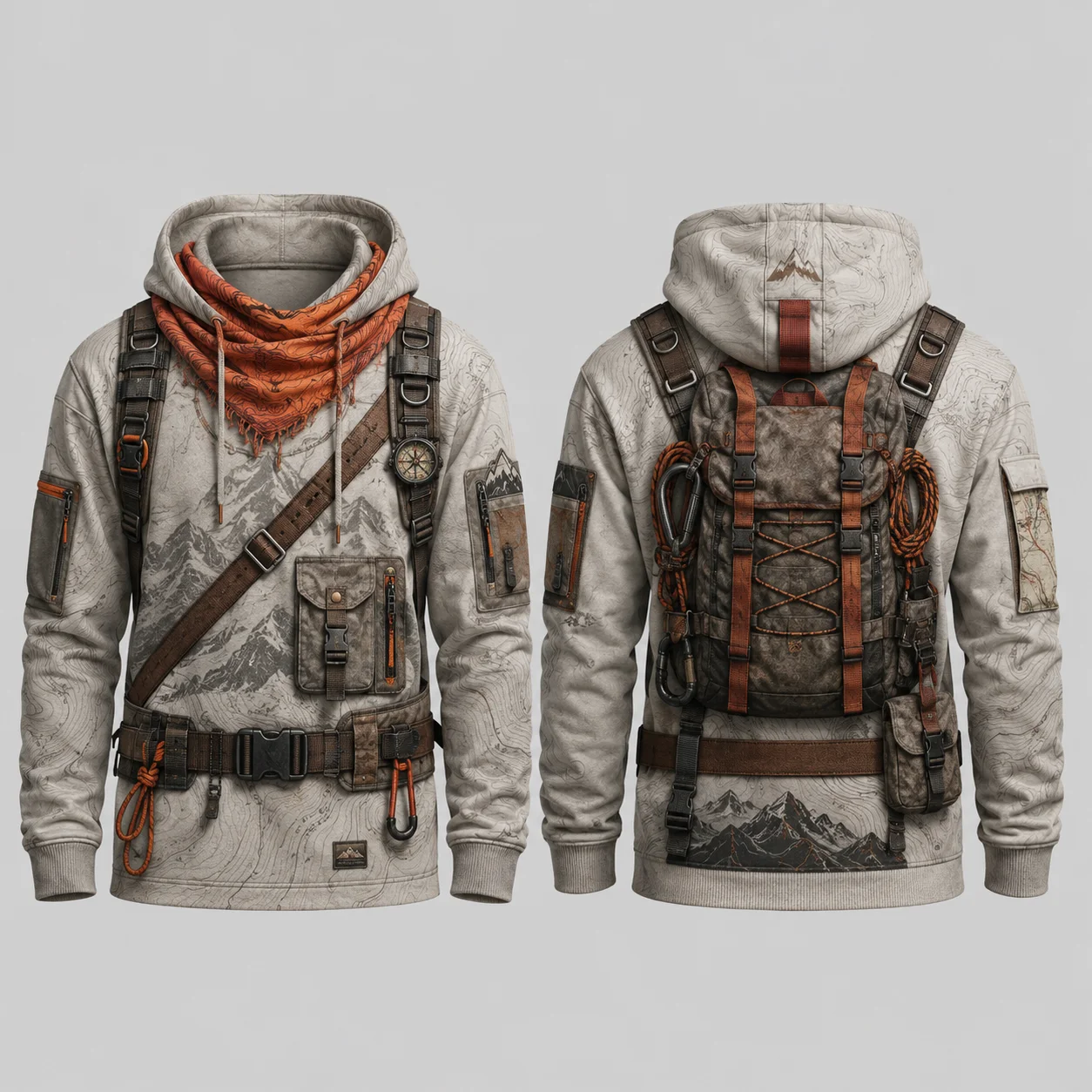 Vintage Tactical Explorer Hoodie Men White Gray Orange 3D Sublimation Print Flat Graphic Pullover Sweatshirt Outdoor Streetwear