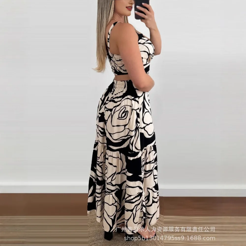 Abito sexy con cinturino lungo Abito estivo con canottiera da donna senza maniche con motivo rosa stampato sexy scava fuori